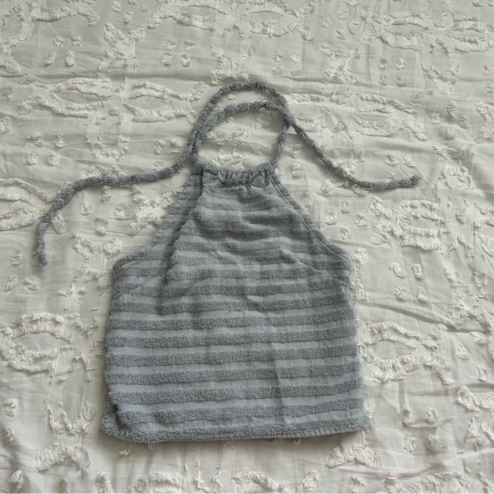 Ghanda Bronte Tank Top
Light Blue Grey
Halter
Terry Stripe
Size Small